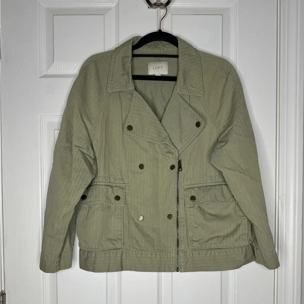 LOFT Olive Green Moto-Style Jacket Roll‎ Tab Sleeves Zip Up Linen Blend Size M